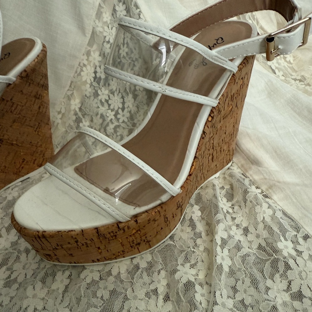 Qupid White and Brown Wedge Sandals with Cork Platform 7